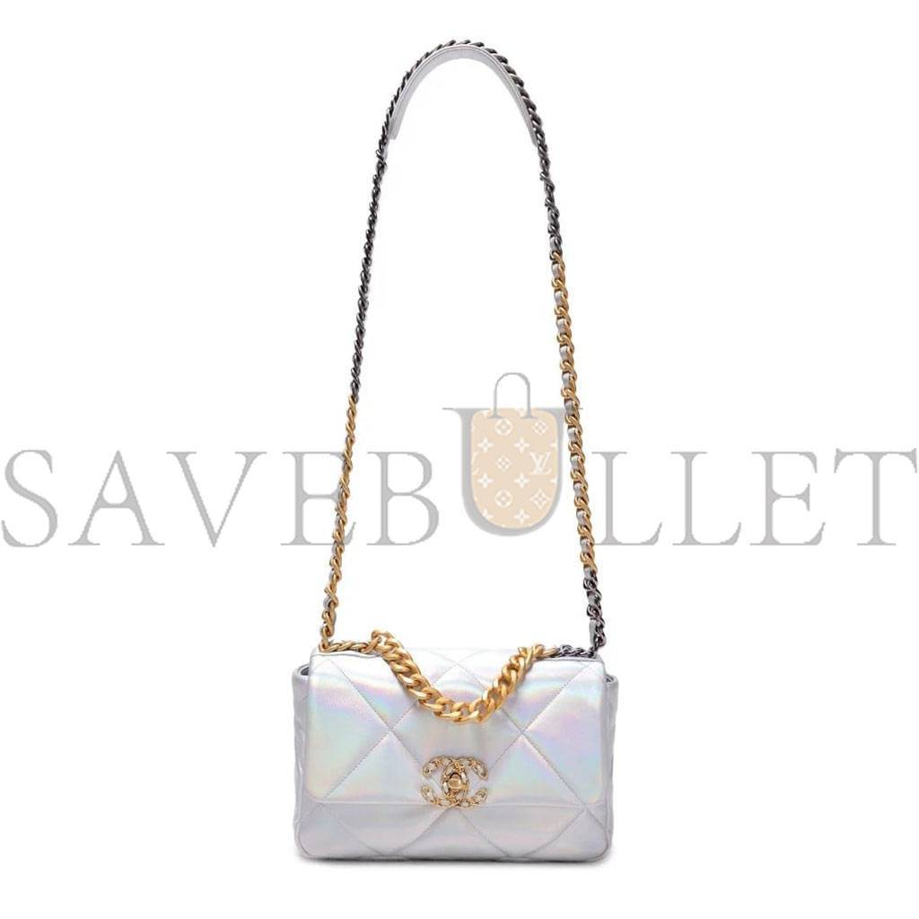 CHANEL IRIDESCENT CALFSKIN QUILTED MEDIUM CHANEL 19 FLAP LIGHT GOLD PURPLE BLUE AS1160 (26*17*8cm)